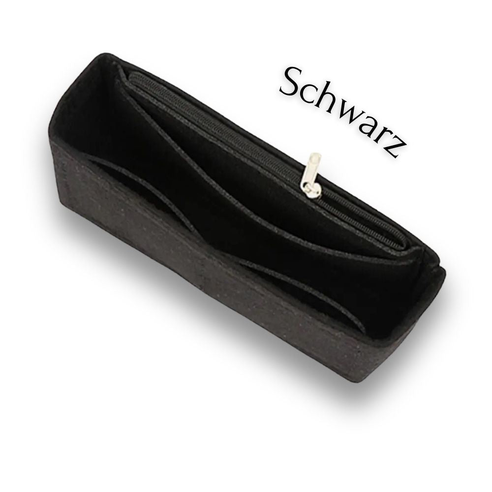 Schwarzer Handtaschen-Organizer mit Reißverschluss und seitlichen Fächern – stilvoll und praktisch.
