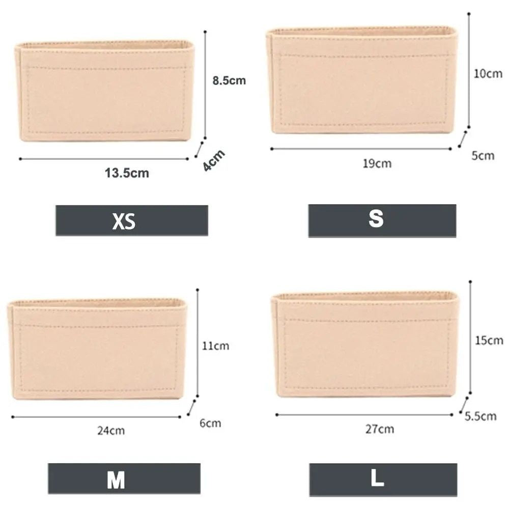 Taschen-Organizer in vier Größen (XS, S, M, L) – passend für verschiedene Handtaschenmodelle.