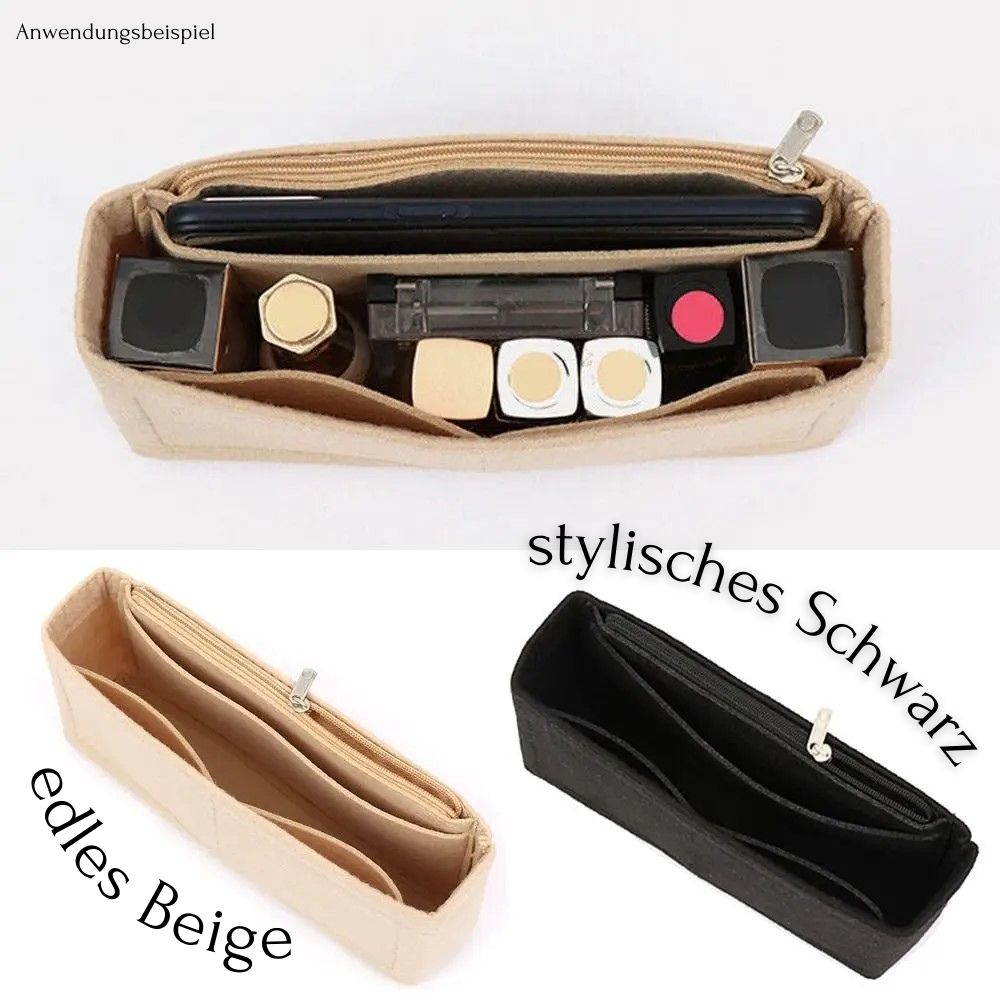 Taschen-Organizer in Beige mit Make-up-Produkten und Smartphone – ideal für eine aufgeräumte Handtasche.