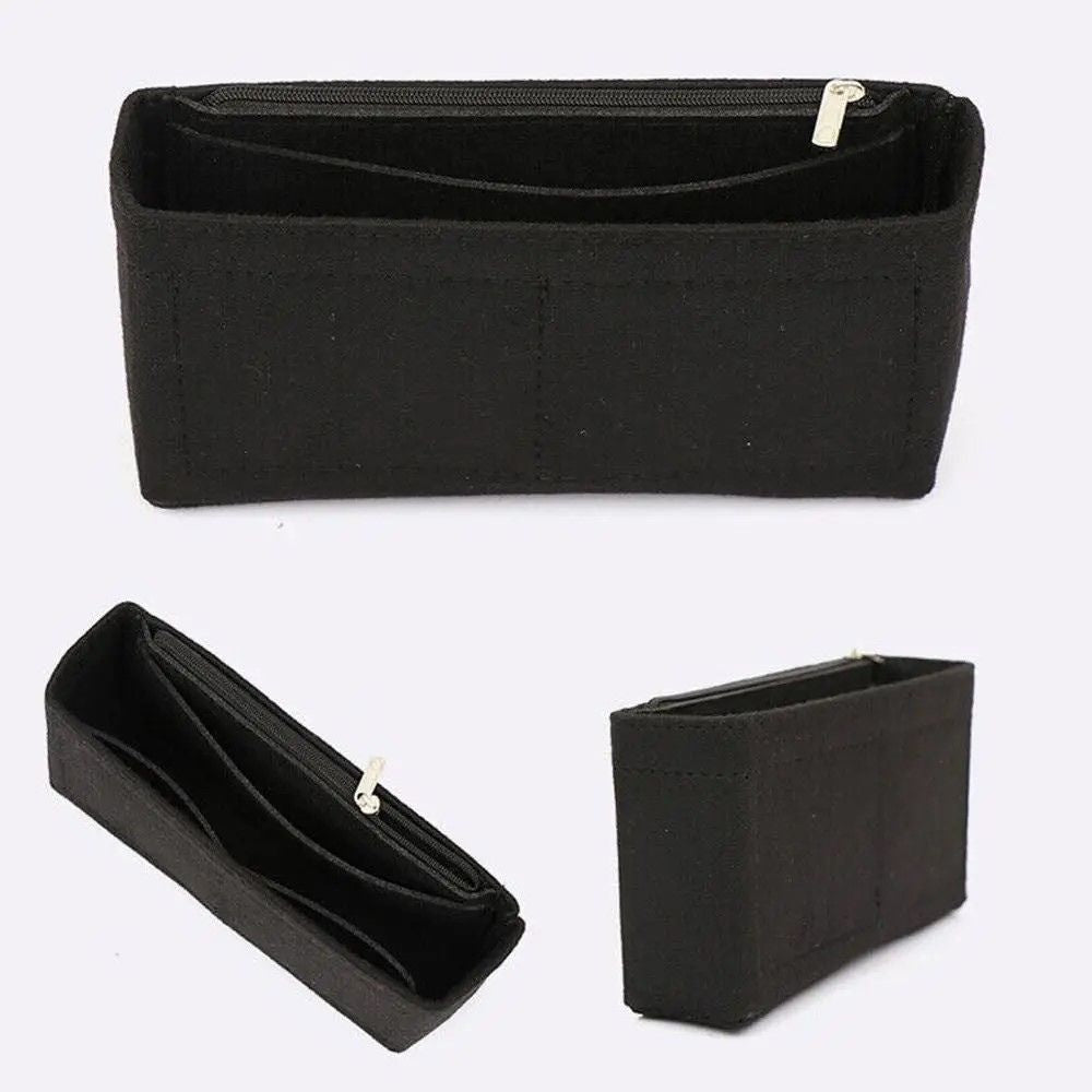 Schwarzer Taschen-Organizer aus Filz mit mehreren Fächern und Reißverschluss – praktische Aufbewahrung für unterwegs.
